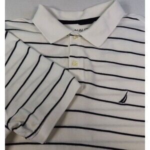 Nautica Mens Golf Polo Shirt Large  White & Black Stripe Classic Fit 100% Cotton